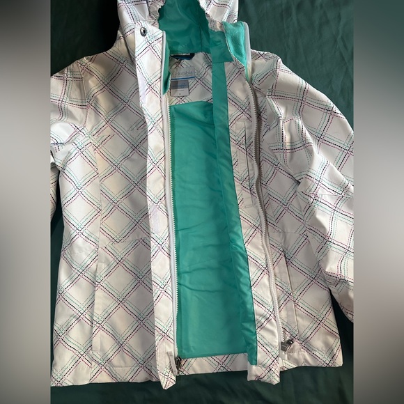 Columbia Omni Tech White/Teal Hooded Puffer Jacket,  Girls Medium - Picture 5 of 16